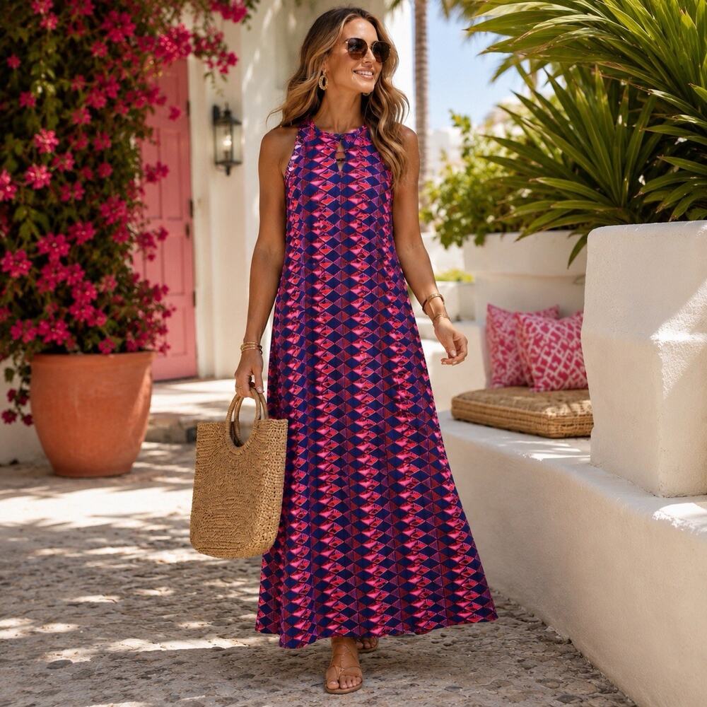 Escapada XL Sleeveless Maxi Dress Navy Pink Geometric Print Keyhole Resort